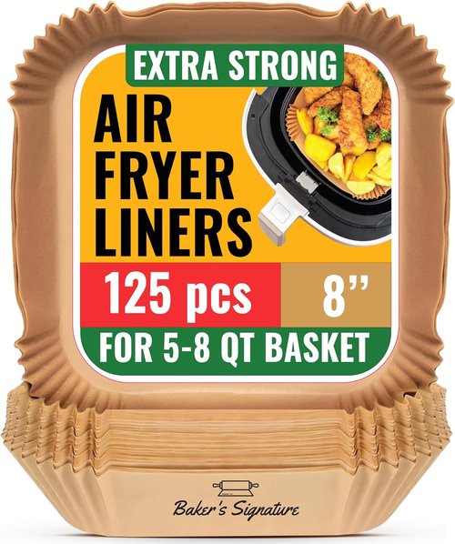 Baker's Signature Air Fryer Paper Liners - 125 Pcs Non-Stick & Oil Proof, 8” Square for 5-8 Qt Baskets