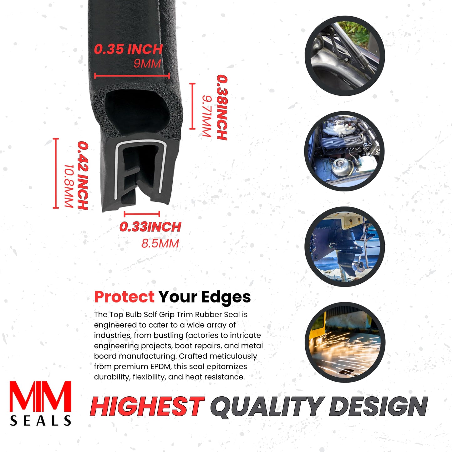 M M SEALS C101-50F Small Vertical Bulb Trim Seal Bulb Diameter 0.35" x Edge High 0.42" Grip Range 0.33" (50 Feet)