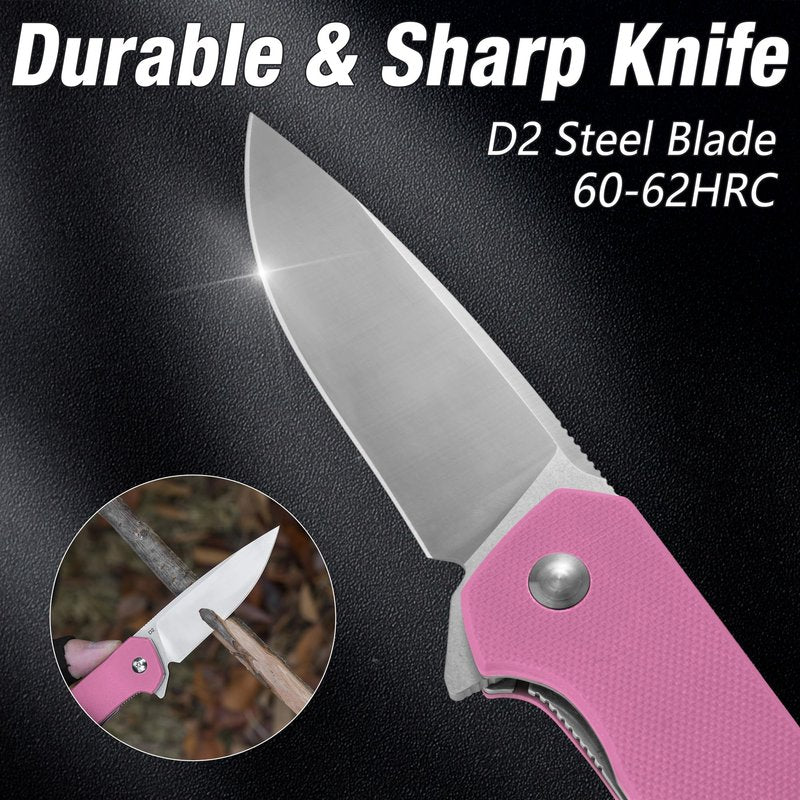 FLISSA Pocket Knife, Folding Tactical Knife with G10 Handle, D2 Blade, Liner Lock, Pocket Clip, EDC Knife for Hiking, Camping, Survival, Indoor and Outdoor Activities(Pink)