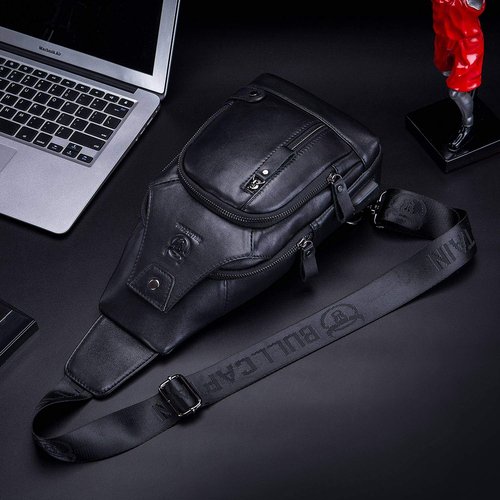 BULLCAPTAIN Leather Sling Bag Mens Chest Bag Casual Shoulder Crossbody Bags Travel Hiking Backpacks Daypack with USB Charging Port (Black)