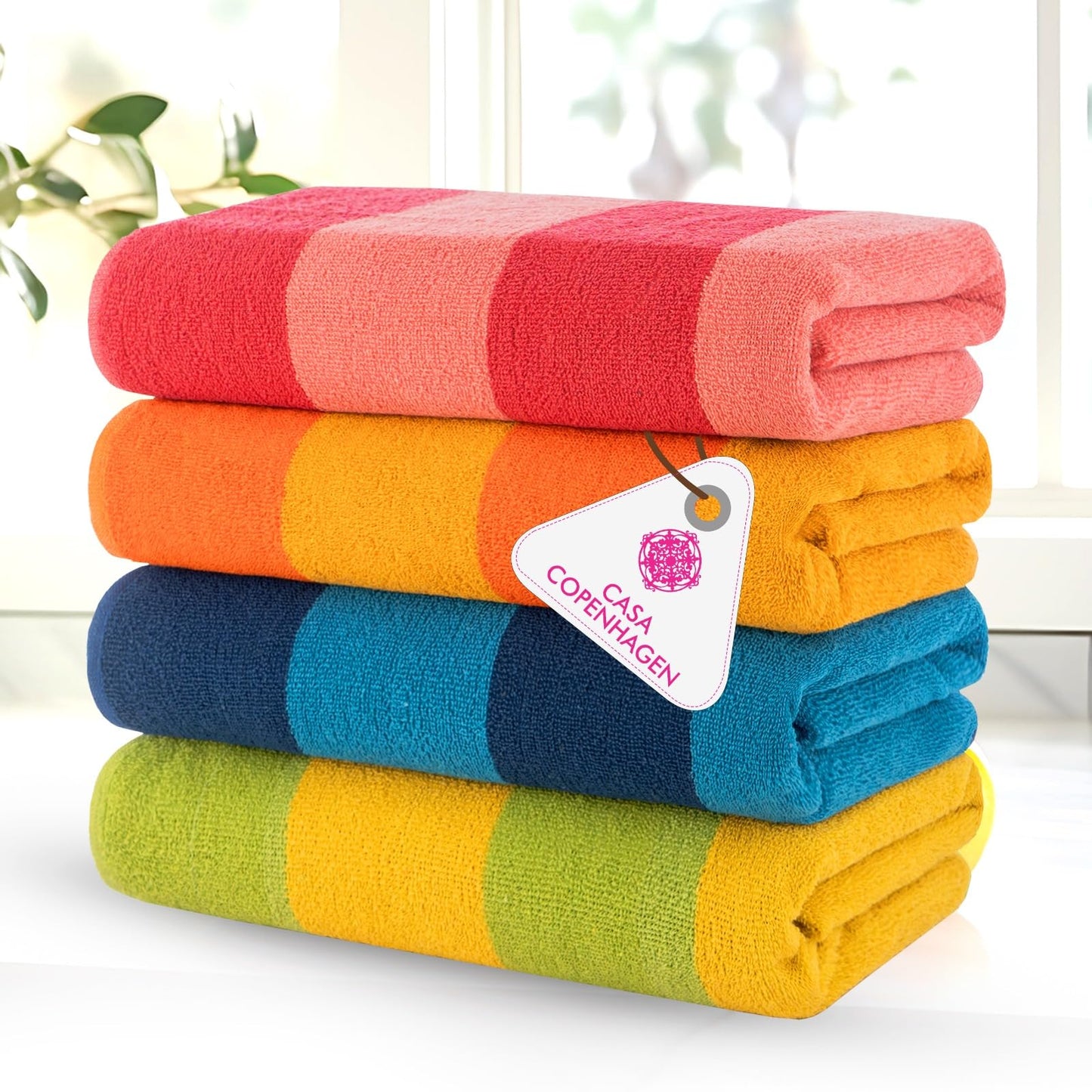 Casa Copenhagen Malibu Towel 4Pcs Orange,Blue,Pink,Green Designer Stripe Beach Towels Gift Set 30"x60" Oversized 100%Cotton Pool Bath Towel for Beach Gift Set (Perfect Summer Gift Set For Women & Men)