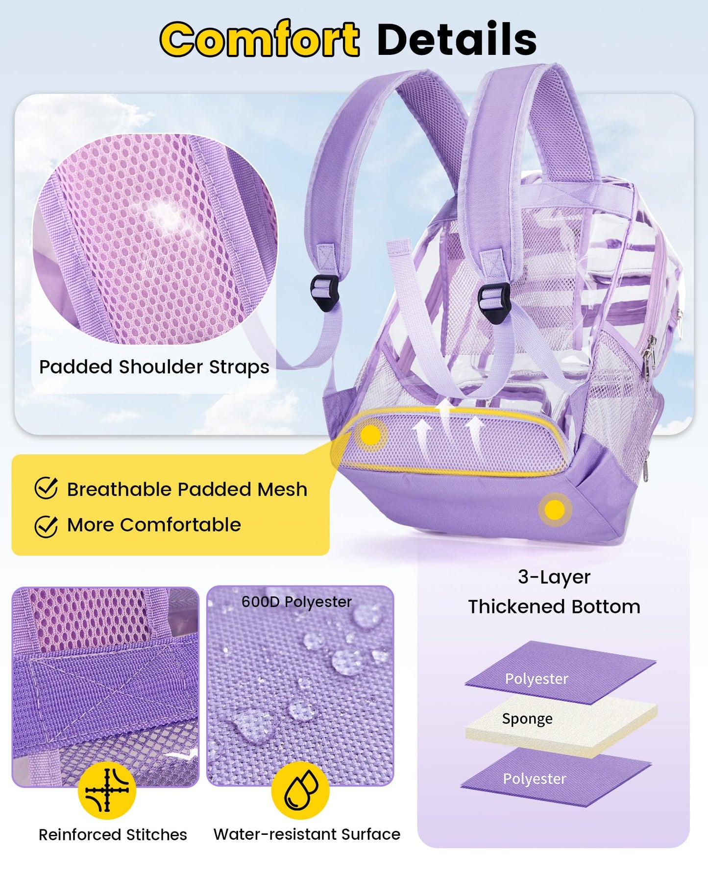 Vorspack Clear Backpack Heavy Duty - See Through Bookbag for Girls Boys Large Transparent Backpacks for Work, Travel, Festival - Purple
