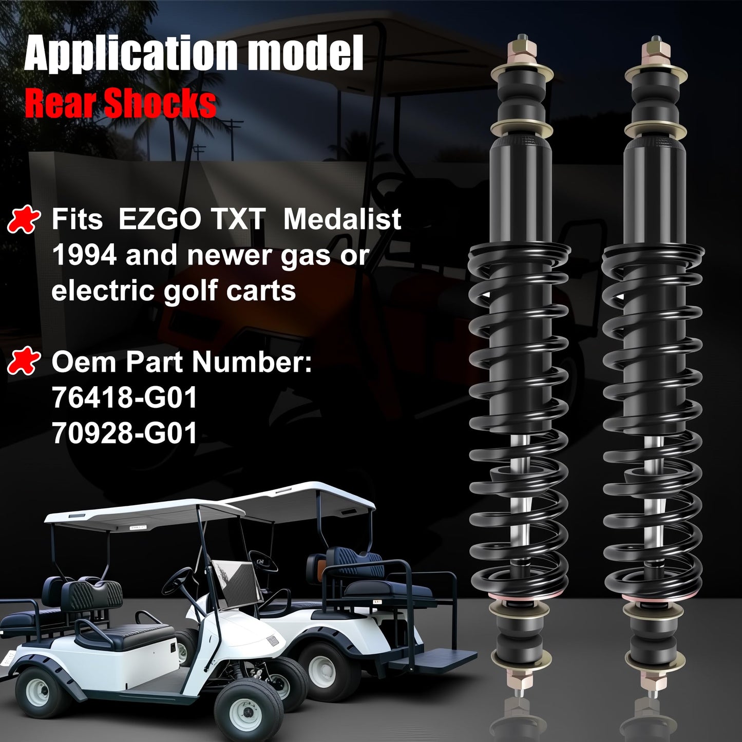 2 Packs Front and Rear Golf Cart Shock Absorbers Replacement for EZGO TXT/Medalist 1994-up Gas & Electric Models with Heavy Duty Coil Springs Replace OEM 70928-G01 76418-G01 70630-G01