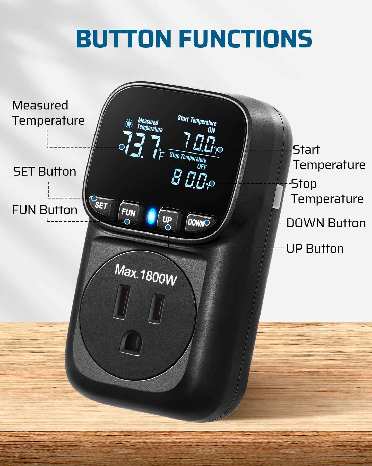 DEWENWILS Digital Temperature Controller, Heavy Duty 15A/1800W Thermostat Outlet Plug, VA Display Heating Cooling Control Timer, -40℉~210℉, Cyclic Timing/Countdown, for Greenhouse Incubator, Black