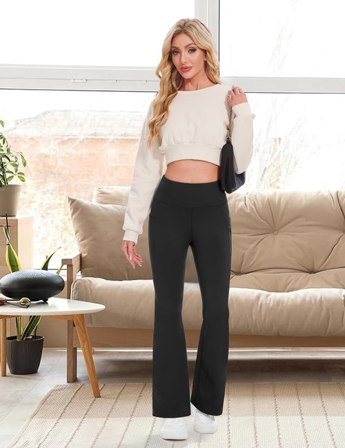 Desol Fleece Lined Hiking Pants Women, Winter Flare Leggings for Women Thermal Warm High Waist Snow Pants with Zipper Pockets for Outdoor Sports Black
