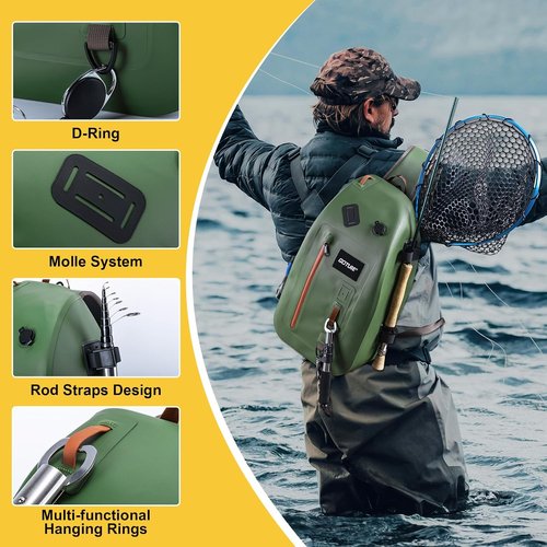 Goture Waterproof Fly Fishing Sling Pack - 13L Tackle Backpack with Rod Holder & Airtight Zipper | Ideal for Kayaking & Hiking
