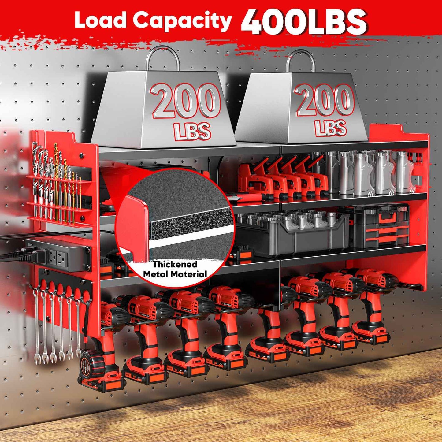 POKIPO Large Power Tool Organizer Wall Mount with Charging Station,4 Layer Heavy Duty Metal Tool Storage Shelf Loads 600lbs,Battery Utility Rack With 4 Outlet Power Strip with 8 Cordless Drill Holder