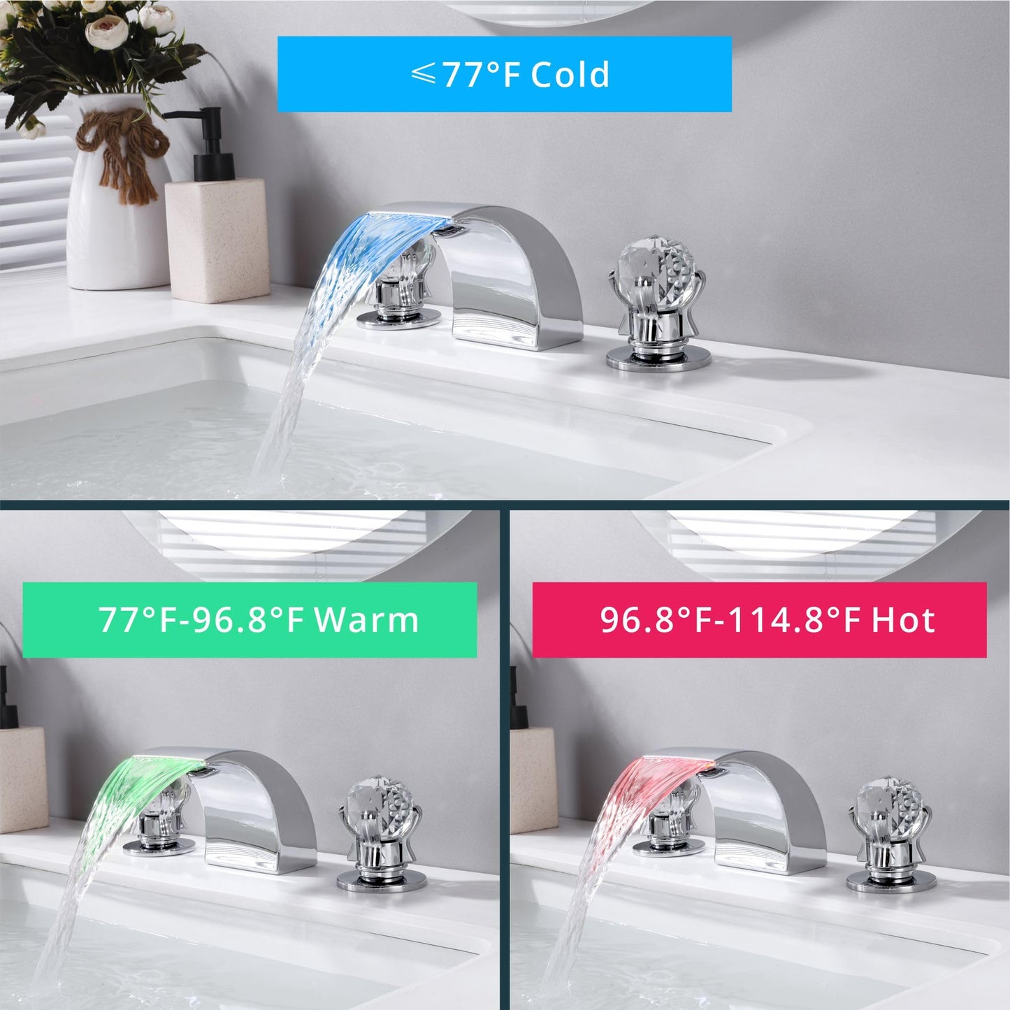 DOLGABA LED Bathroom Faucet 3 Hole Chrome Waterfall Bathroom Sink Faucet with Light, 8 Inch Widespread Modern Vanity Tap with 2 Crystal Handles and Water Supply Hoses