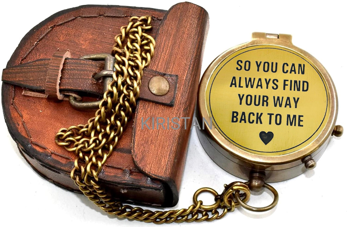 “So You Can Always Find Your Way Back Home” Engraved Pocket Compass with Leather Case – Vintage Brass Hiking & Camping Compass, Inspirational Birthday Gift for Him or Her