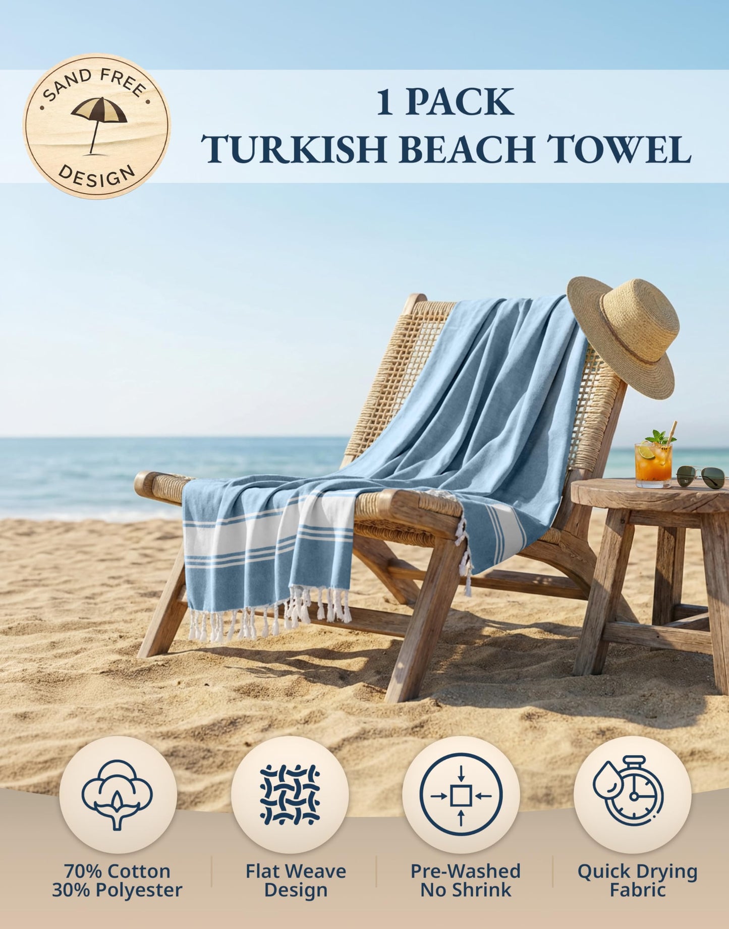LANE LINEN Turkish Beach Towel, Oversized Beach Towel 39"x71", Lightweight Beach Essentials for Women, Large Pool Towel, Absorbent & Quick Dry, Sand Free Beach Towel - Sky Blue