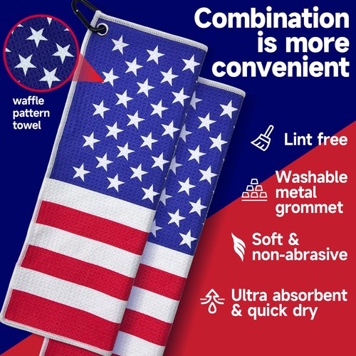 Solvora 2 Pack American Flag Golf Towels, Microfiber Waffle Golf Towel, Suitable for Men's Golf Gifts