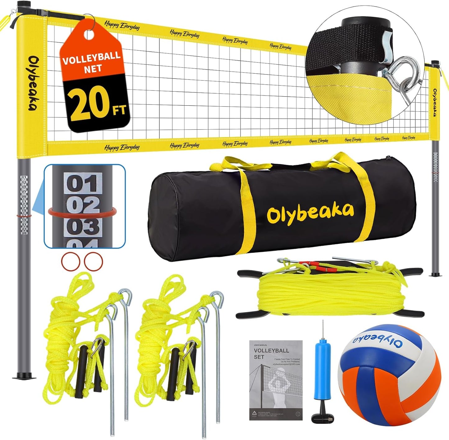 Regine Switzerland 20ft Portable Volleyball Net Set - Heavy Duty Poles, Durable PE Net, Includes Volleyball & Pump