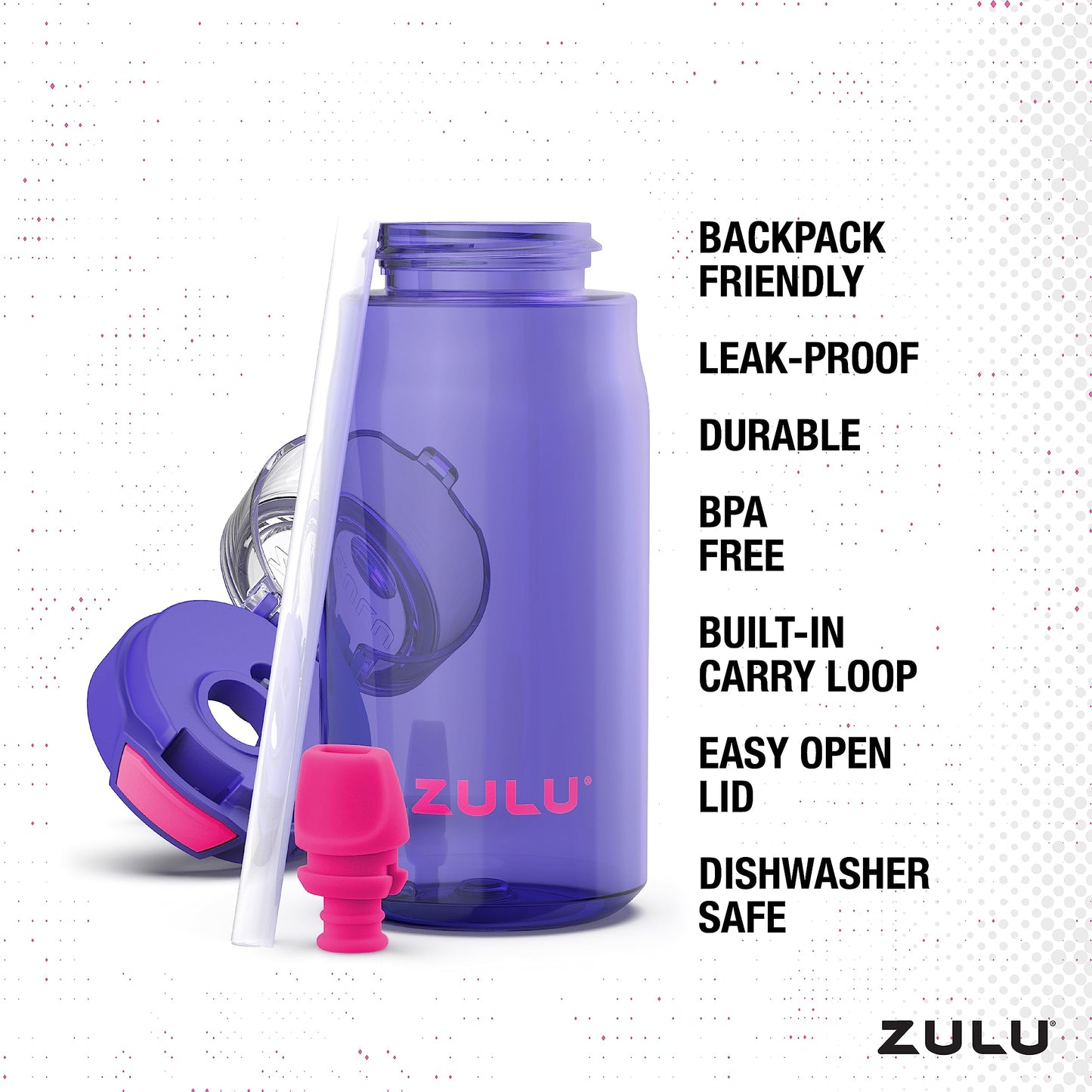 Zulu Kids Flex 16oz Tritan Plastic Water Bottle with Silicone Spout, Leak-Proof Locking Flip Lid and Soft Touch Carry Loop for School Backpack, Lunchbox, and Outdoor Sports, Purple
