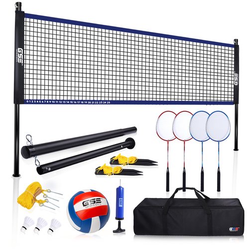 GSE Games & Sports Expert Outdoor Portable Badminton/Volleyball Complete Set with Net System, 4 Badminton Paddles, 3 Shuttlecocks, Volleyball, Boundary Line. Great for Backyards, Parks, Beach, Lawn
