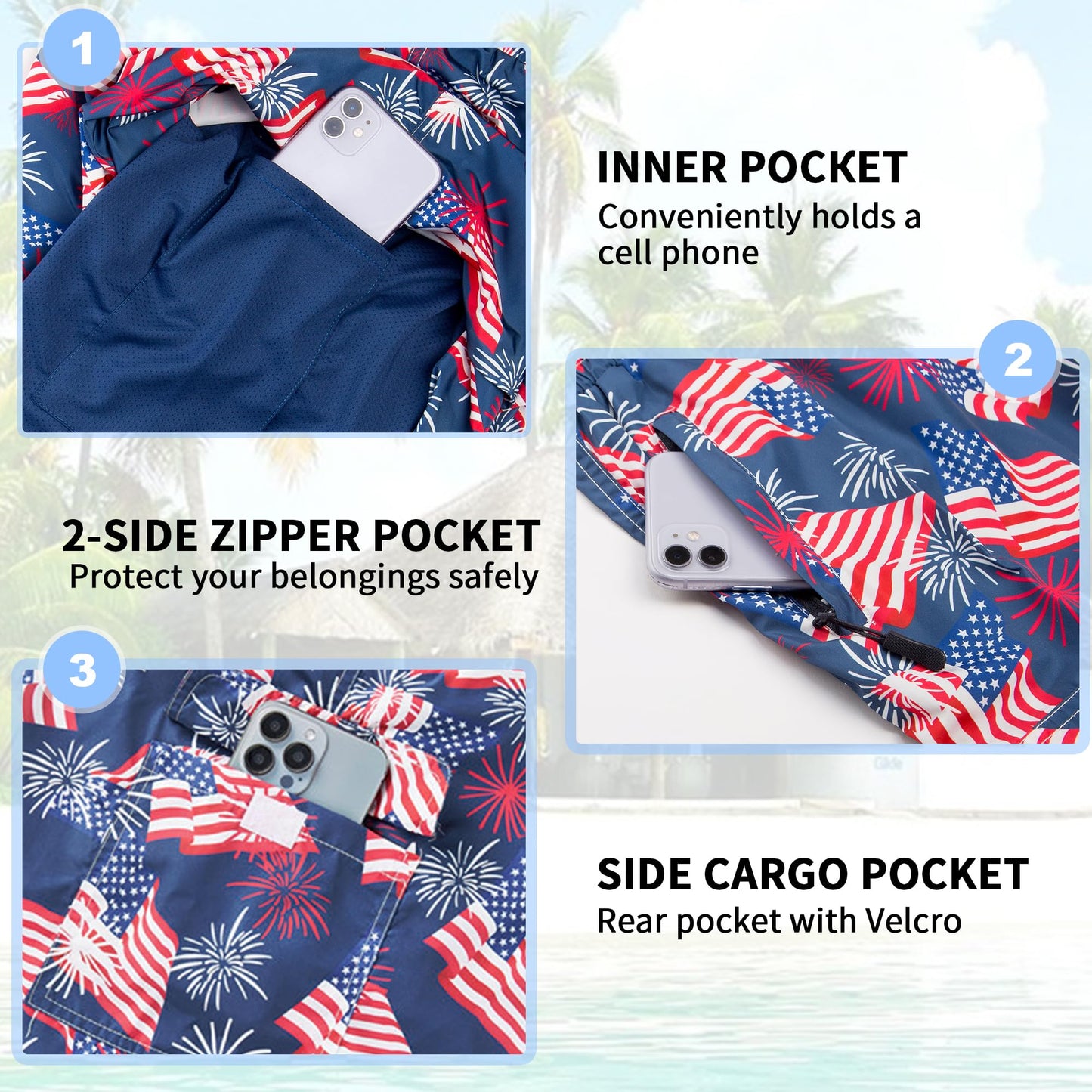 Mens Swim Trunks with Boxer Brief Compression Liner, Navy American Flag Men Bathing Suit Swimming Trunks 9" Zipper Pockets Board Shorts Men's Swimwear, Quick Dry Beach Shorts Swimsuits, XL