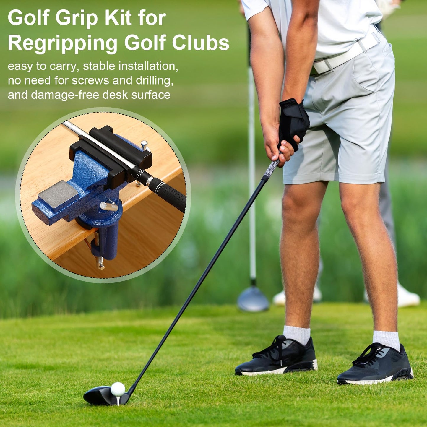 Lanties Golf Grip Kits for Repair Golf Clubs Heavy Duty Grip Removal Repair Tool Kit with 360° Portable Table Vise Rubber Clamp Hook Knife Double-Sided Tape Strips Tape Remover and Gloves(Blue)