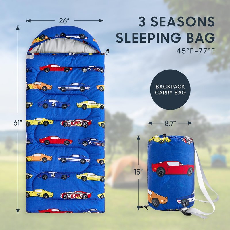 Wake In Cloud - Kids Sleeping Bag for Boys Toddlers, Camping in Warm Cold Weather, Backpacking Lightweight Compact Outdoor Liner for 3 Seasons, Race Cars Vehicles, Blue
