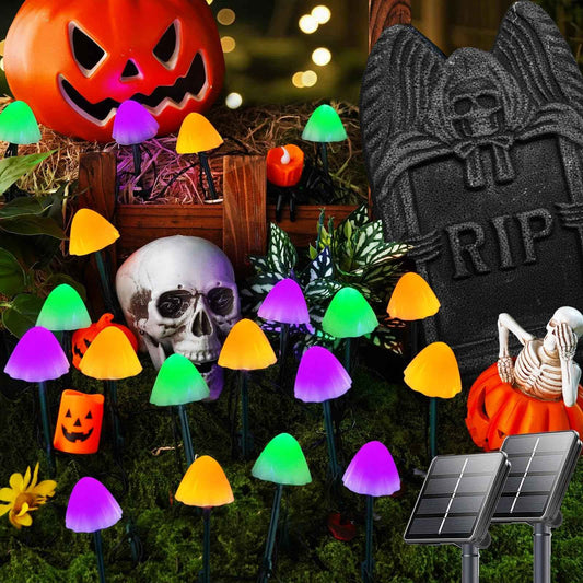 OZS 2PK 55FT 32LED Halloween Orange Purple and Green Solar Mushroom Lights Outdoor, Solar String Light with 8 Lighting Modes Auto On/Off, Halloween Garden Lights for Witch Decorations