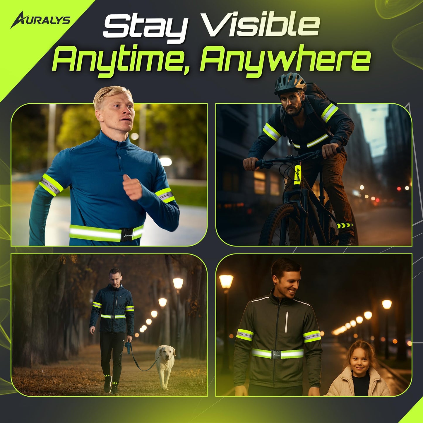 Auralys® 4 in 1 Reflective Running Gear, Adjustable Belt, Arm Bands, Ankle Straps & Bike Stickers for Night Visibility, Safety Gear, Reflective Tape Straps for Clothing, Night Dog Walking, Cycling