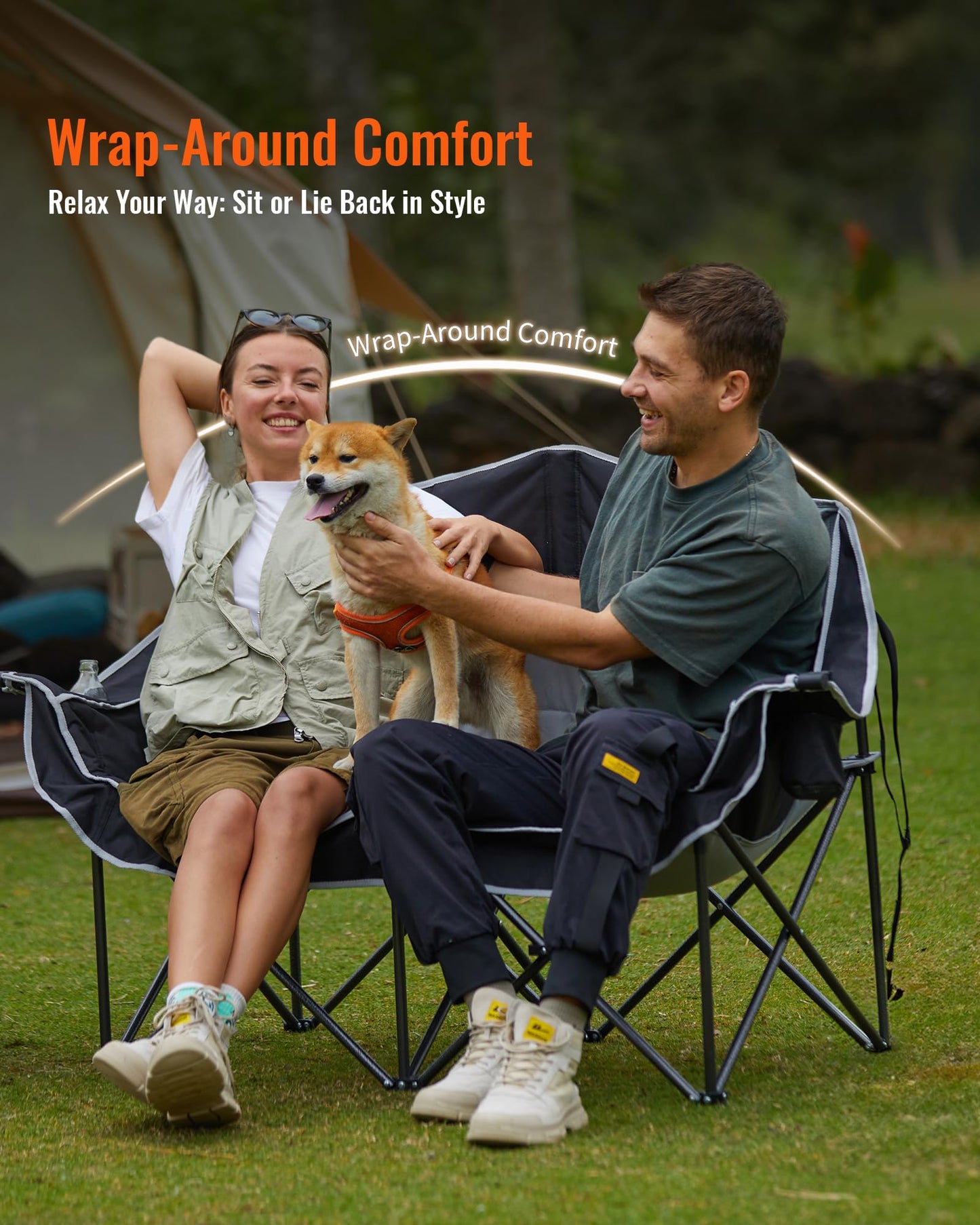 KingCamp Oversized Double Camping Chair, Heavy Duty 880lbs with Padded Seat & Cup Holders, 2 Person Loveseat Perfect for Outdoor Sports Family and Couples, Ideal for Lawn and Backyard, Black/Grey