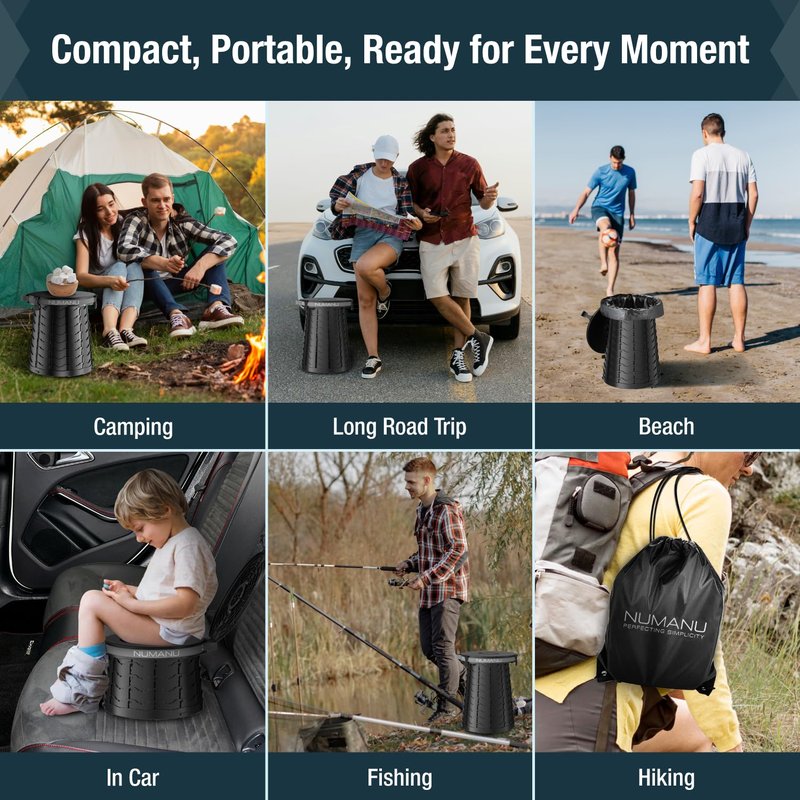 NUMANU 19.7" XXL 3IN1 Portable Toilet, Stool, Trash Can | Adjustable Height Portable Potty, Foldable Travel Toilet with Lid & Waste Bags, Outdoor Travel Potty, Pop Up Camping Toilet for Adults & Kids