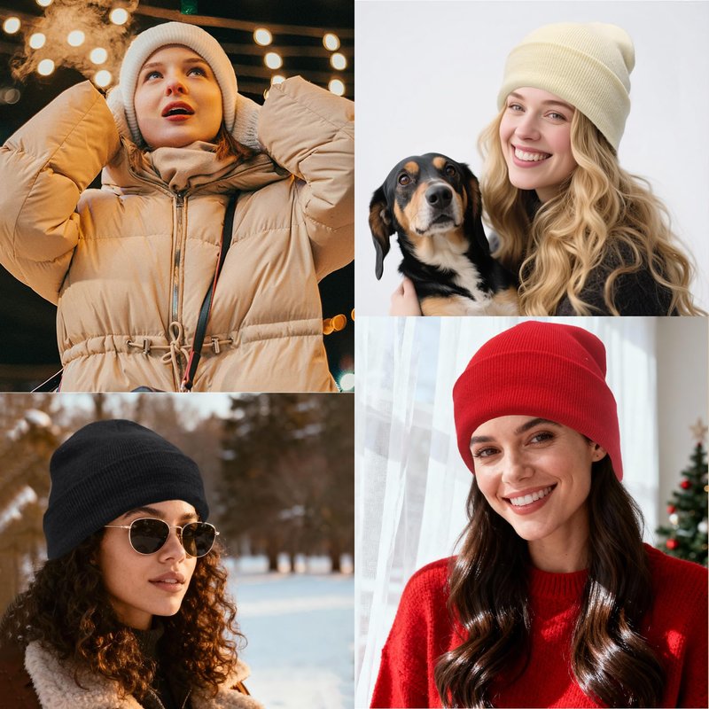 PFFY 2 Packs Womens Satin Lined Beanie Hat Silk Lining Winter Hats Beanies for Women Soft Slouchy Beanie Skull Cap Black+Black