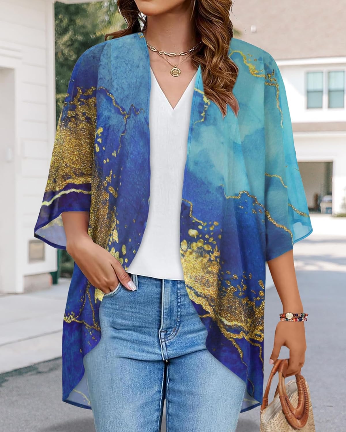 Skiennix Women's Floral Print Puff Sleeve Kimono Cardigan - Casual Loose Cover-Up Top