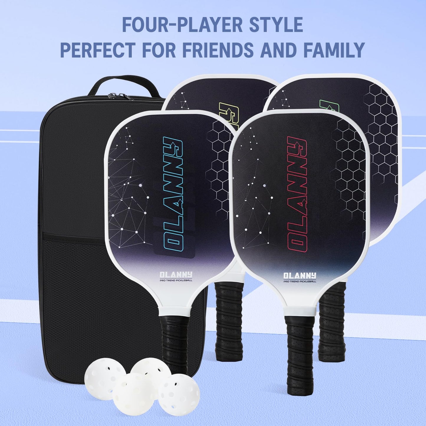 OLANNY Pickleball Paddles - Premium Rackets Face & Polymer Honeycomb Core Includes 4 Pickleball Paddles+ 2 Indoor Balls+ 2 Outdoor Balls+ 1 Portable Carry Bag