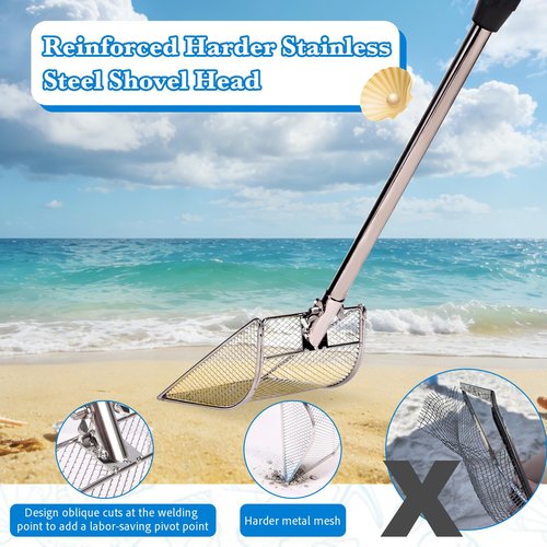 Upgraded 2Pcs Shark Tooth Sifter,Beach Sand Shovel Set,Effortless Angled Design Sand Scoop Shell Scooper for Easy Digging,Reinforced Head,Telescoping Handle for Kids Adults