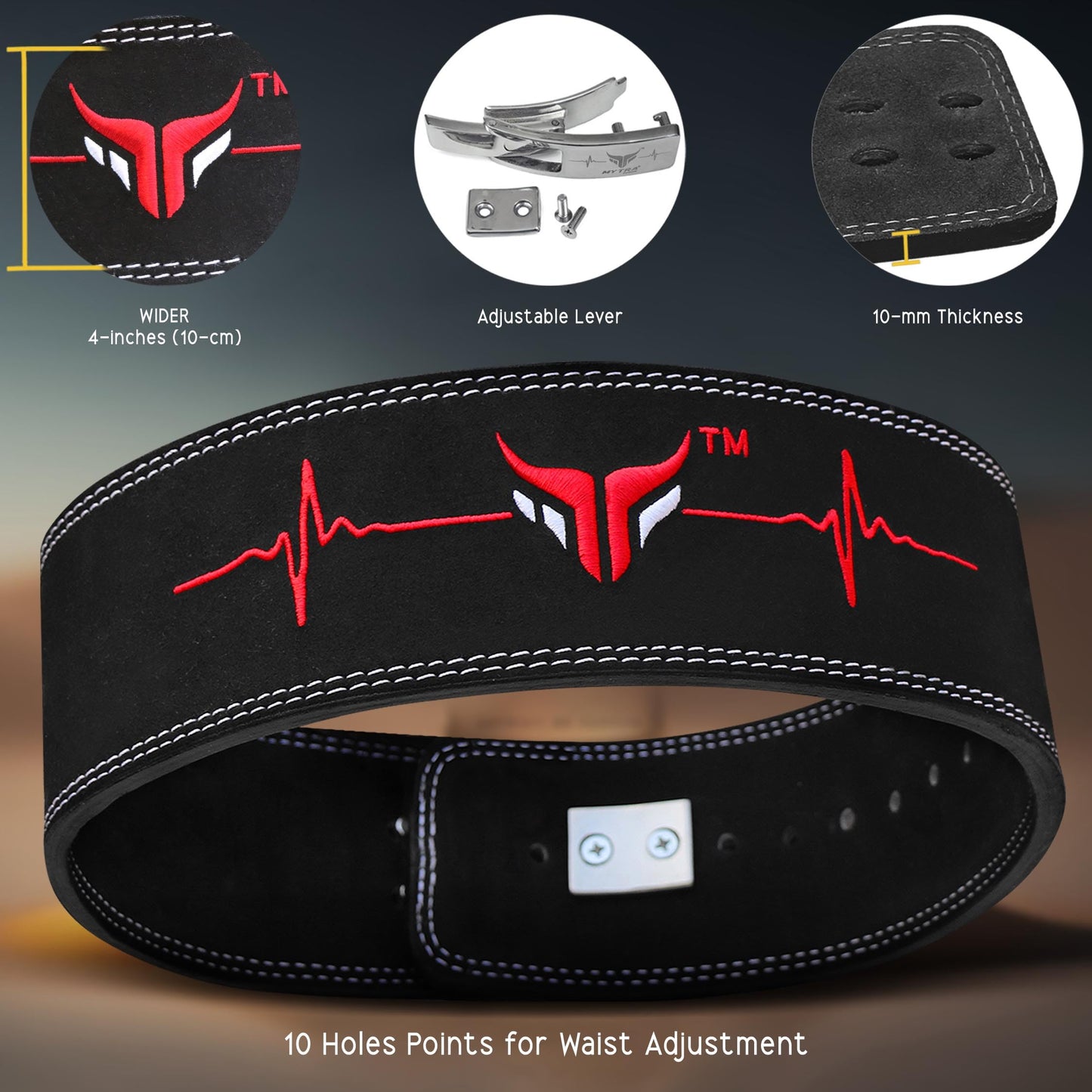 Mytra Fusion Gym Belt with Lever Buckle Weight Lifting Belt for Men and Women 4" wide Genuine Leather Powerlifting Belt for Gym, Training, Weightlifting, Bodybuilding Fitness and Workout (L, Black)