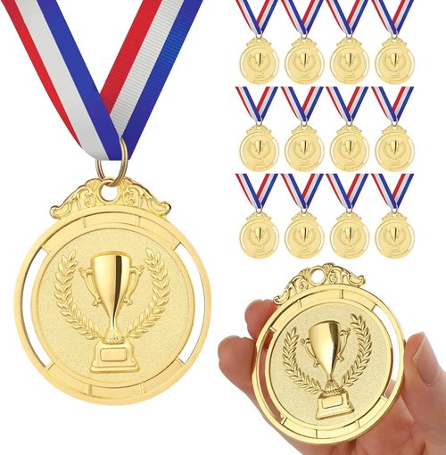 Gold Medal | 12-Piece Kids Reward Medals with Neck Ribbons - Olympic Style 2 Inch for Sports & Competitions
