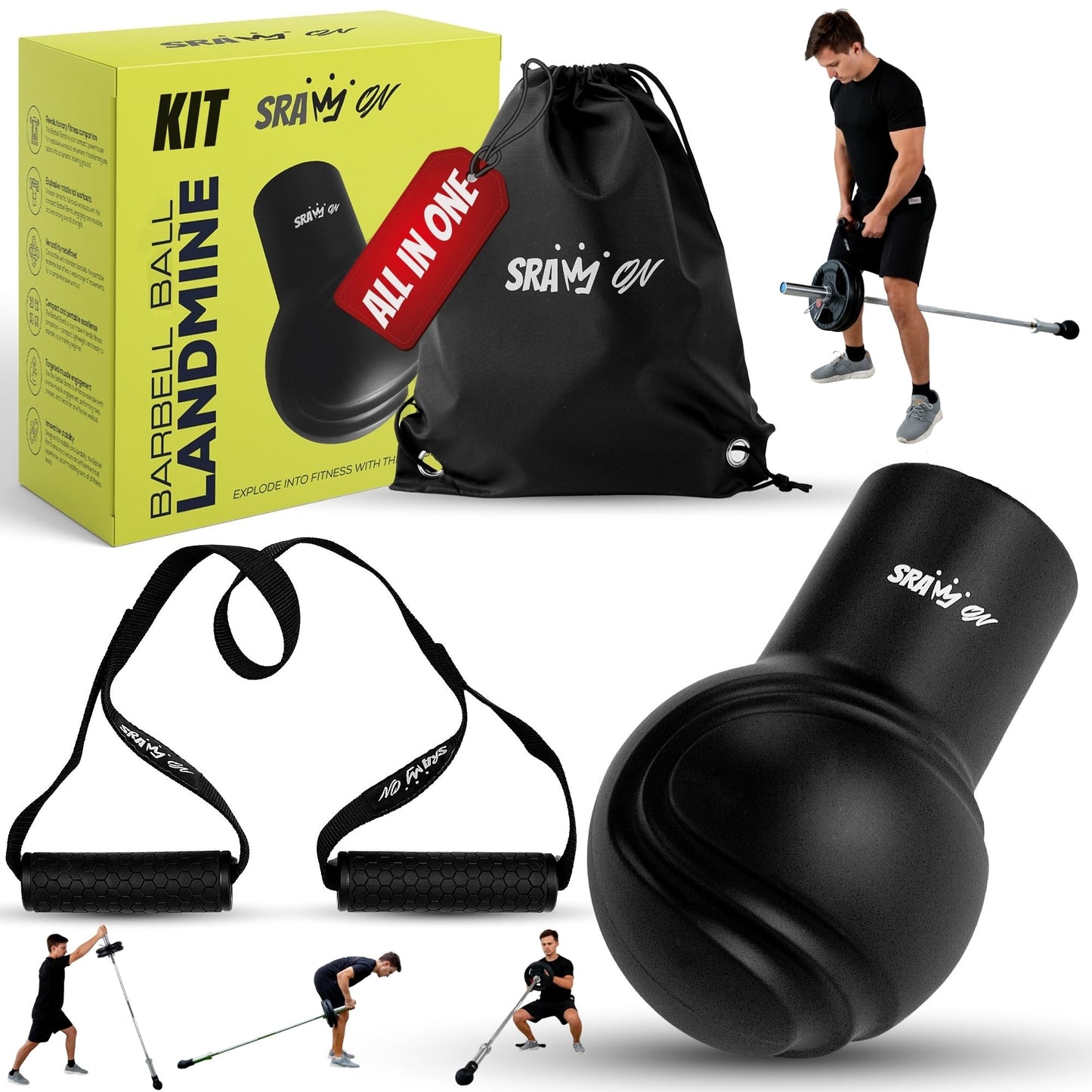 SRAW ON Landmine Attachment for Barbell Set 2 Inch – Landmine Ball with Rotating Strap Handle, Multi-Grip Row, Press & Squat Attachment for Home Gym Strength Training, T bar Row.