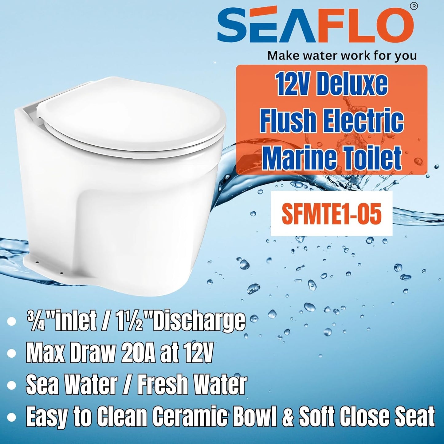 SEAFLO 12V Deluxe Electric Marine Toilet - Ceramic Bowl with Soft Close Seat & Built-In Macerator | Quiet Freshwater Flush
