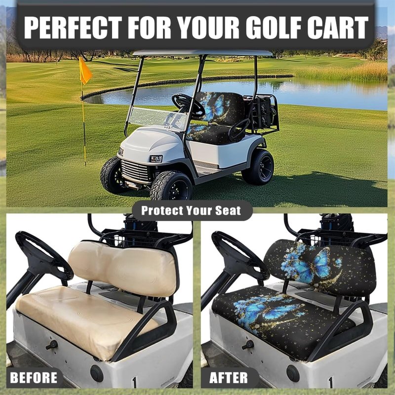 Pirexcny Starry Butterfly Print Golf Cart Seat Covers 2 Passenger Heavy Duty Golf Cart Seat Covers All Weather Club Car Seat Covers with Quick-Install Strap System for 2-Person Seats Golf Car
