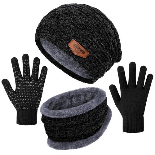 Senker Fashion Winter Hats Scarf and Gloves Set for Men Women, Slouchy Beanie Cap Neck Warmer Screen Touch Gloves Gifts Black