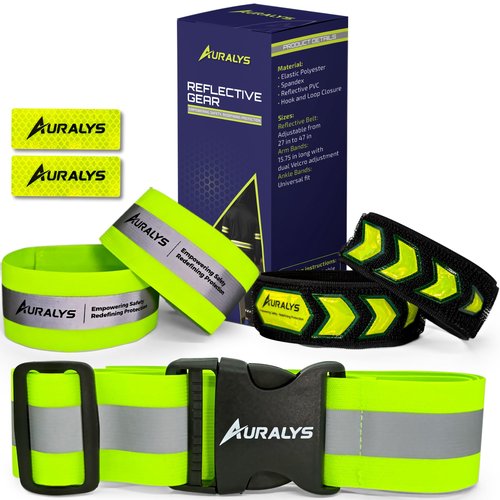 Auralys® 4 in 1 Reflective Running Gear, Adjustable Belt, Arm Bands, Ankle Straps & Bike Stickers for Night Visibility, Safety Gear, Reflective Tape Straps for Clothing, Night Dog Walking, Cycling