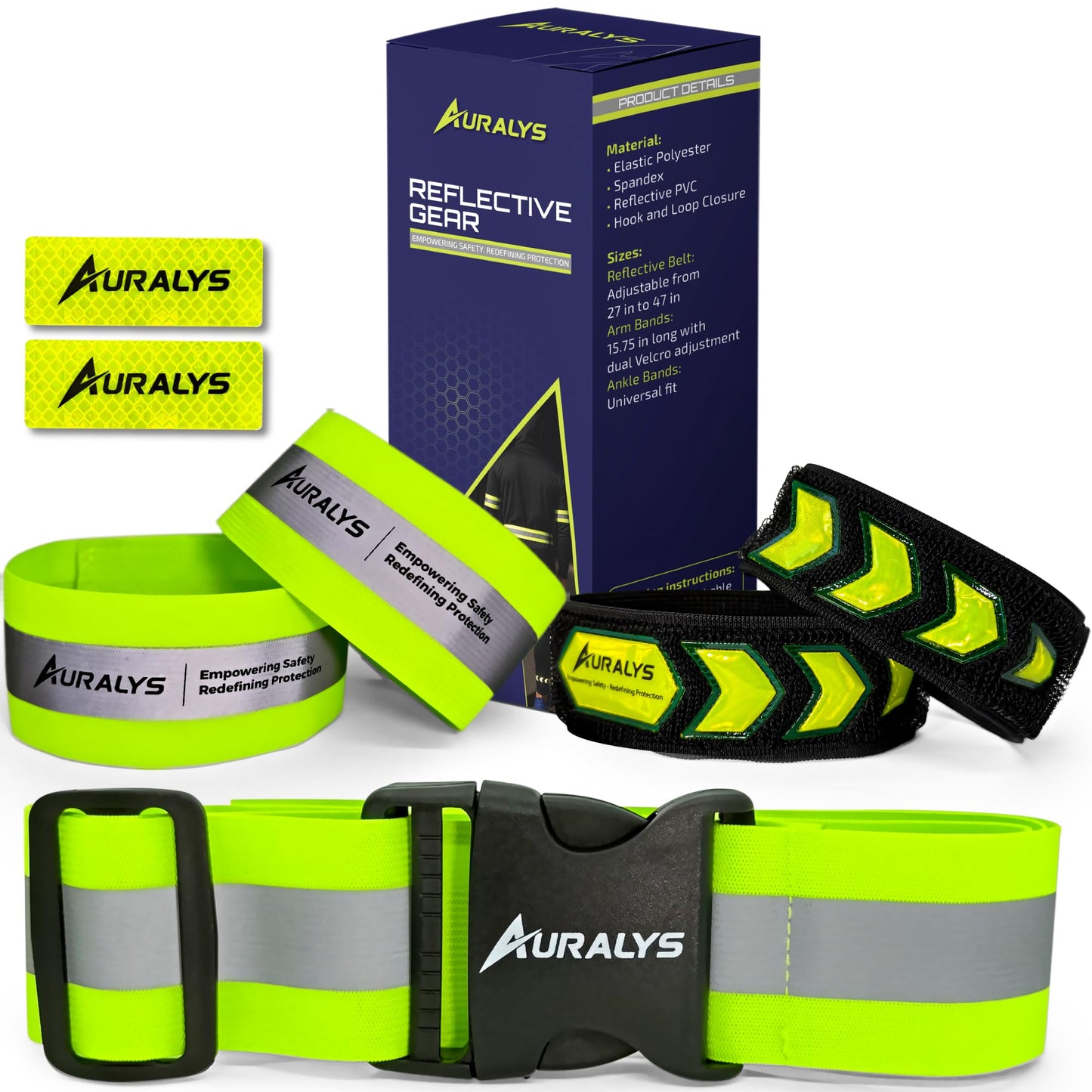 Auralys® 4 in 1 Reflective Running Gear, Adjustable Belt, Arm Bands, Ankle Straps & Bike Stickers for Night Visibility, Safety Gear, Reflective Tape Straps for Clothing, Night Dog Walking, Cycling