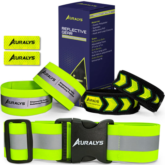 Auralys® 4 in 1 Reflective Running Gear, Adjustable Belt, Arm Bands, Ankle Straps & Bike Stickers for Night Visibility, Safety Gear, Reflective Tape Straps for Clothing, Night Dog Walking, Cycling