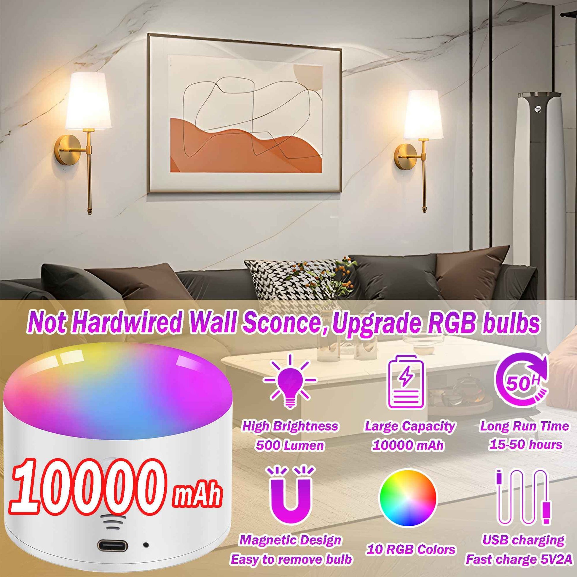 YHCDLAMP Battery Operated Wall Sconce Set of 2, Rechargeable Wall Sconce with 10000mAh Bulb and Remote, Up to 50 Hrs Use, RGB Dimmable Wireless Wall Lights for Living Room Bedroom Hallway