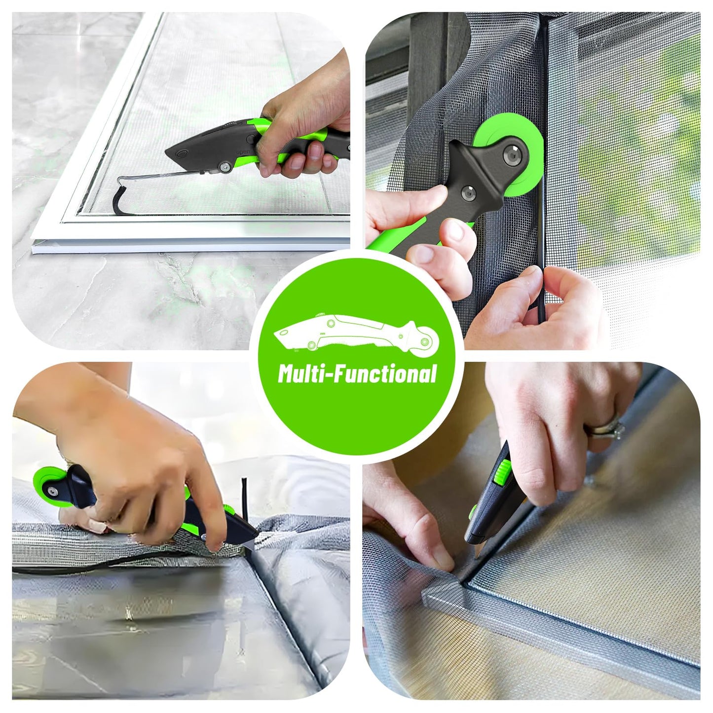 Versatile Screen Roller Tool, 3 in 1 Screen Spline/Repair Tool, Roller+Hook+Trim -3pcs Different Rollers with Bearing,Removal Hook-Foldable, 3pcs Blade-Storage,Replacement for Installing Window Mesh.