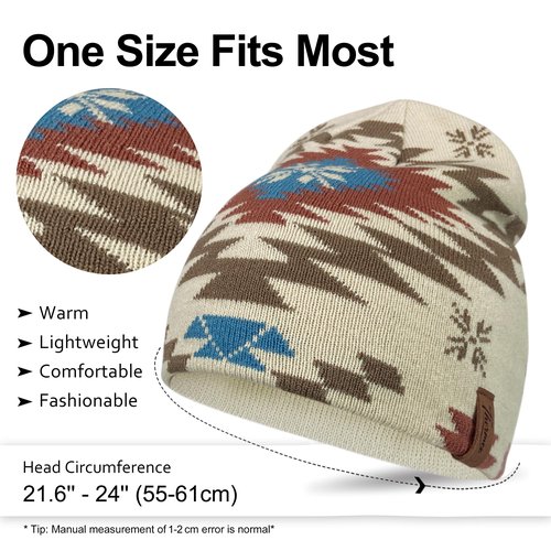 SPSKY Unisex Winter Knit Beanie, Warm Geometric Pattern Snowflake Hat, Soft Stretch Skull Cap for Outdoor Cold Weather Beige