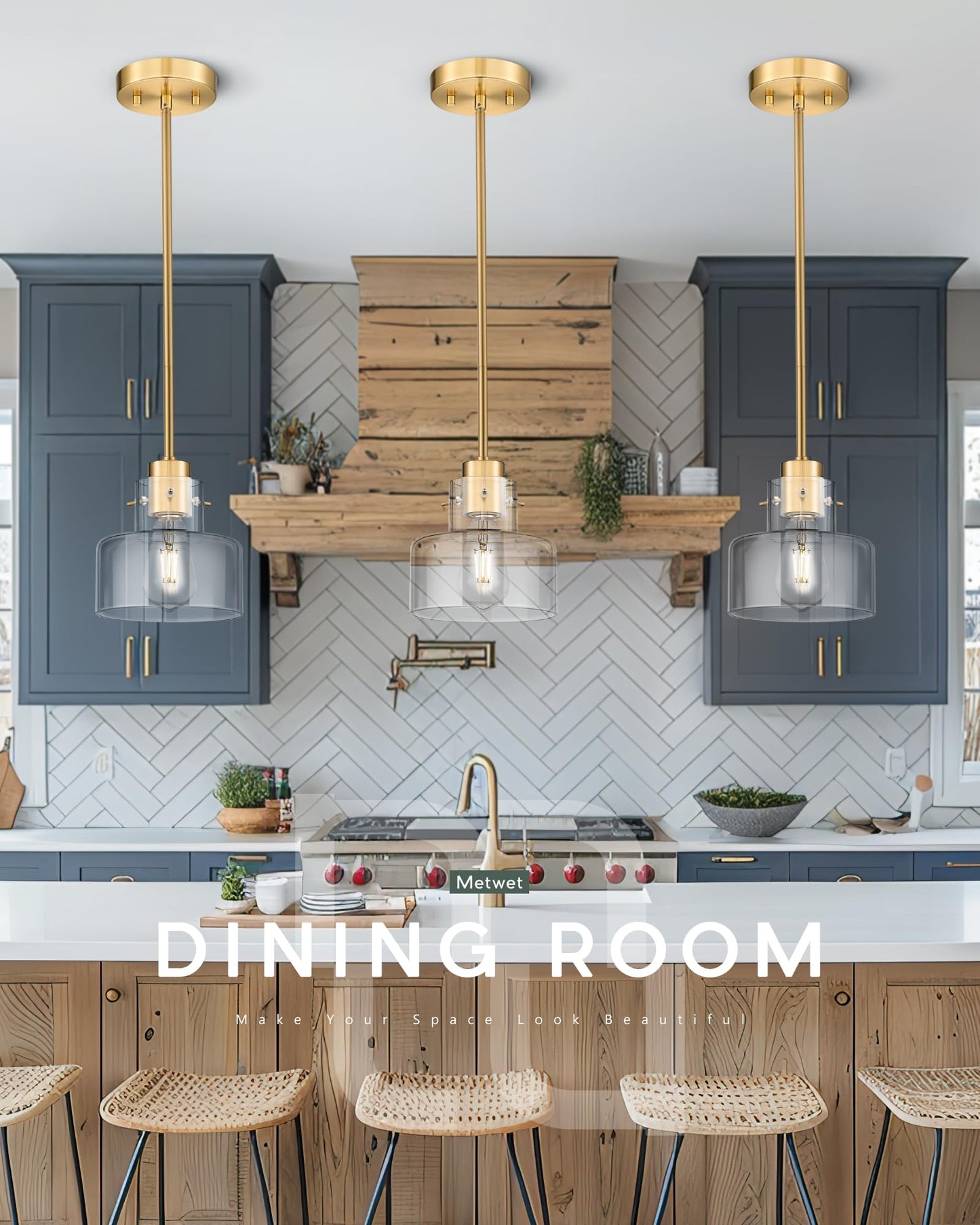 METWET 2 Pack Pendant Lights Kitchen Island, Brushed Gold Pendant Light Fixtures Over Island with Clear Glass Shade, 6" Modern Brass Kitchen Island Lighting for Dining Room Entryway, PL124-BG-G-2PK