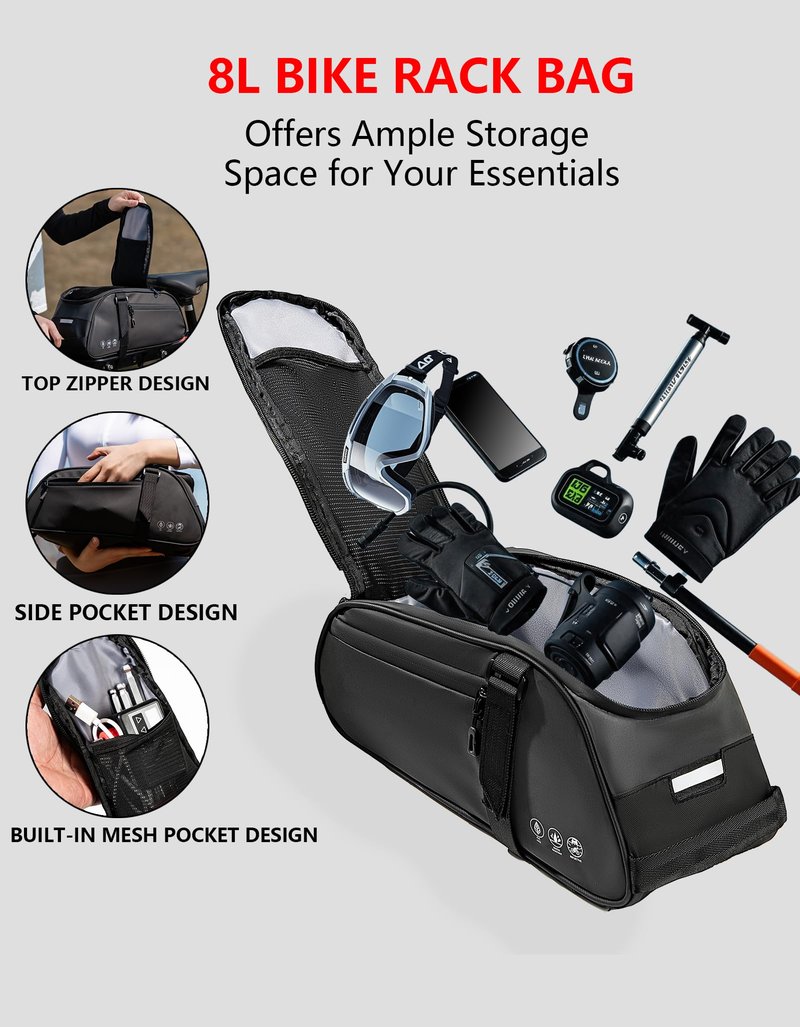 OFFBONDAGE Bike Rack Bag, Reflective Waterproof Bike Bags for Bicycles Rear Rack, 8L Bike Trunk Bag with Multi-Pocket, Bike Backpack with Shoulder Strap for Outdoor Cycling, Commuting