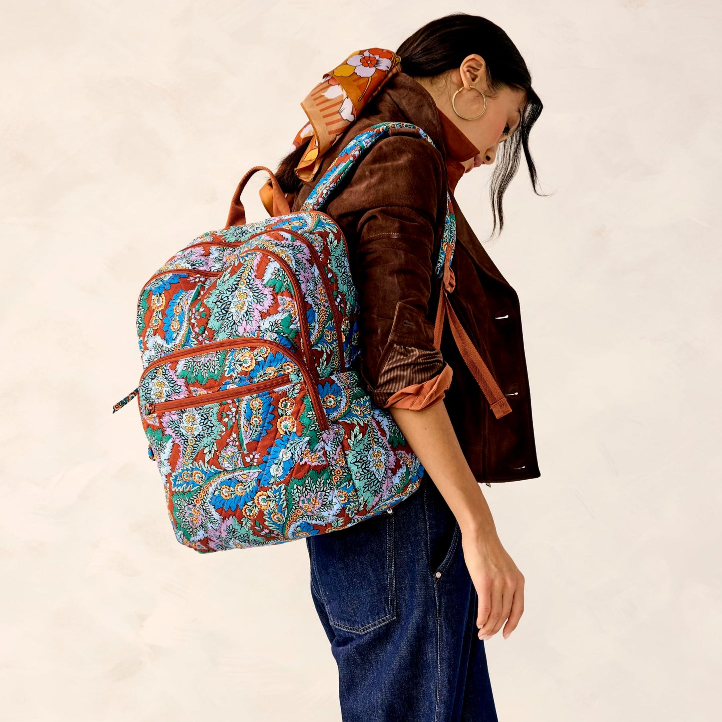 Vera Bradley Women's Premium Cotton Large Bancroft Backpack, Flowers + Feathers, One Size