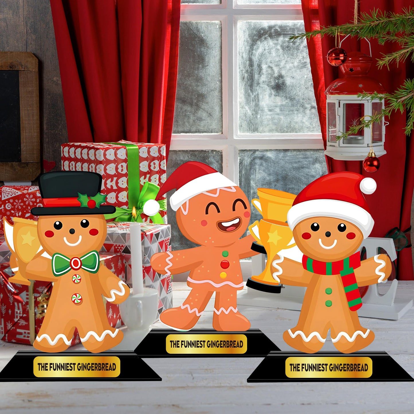 LOTADILO 3 Pcs Christmas Contest Trophy Set Wooden Gingerbread Man Contest Trophy Funny Trophies Gingerbread Man Cookie Santa Snowman Funny Party Prizes for Adults Xmas Decorations