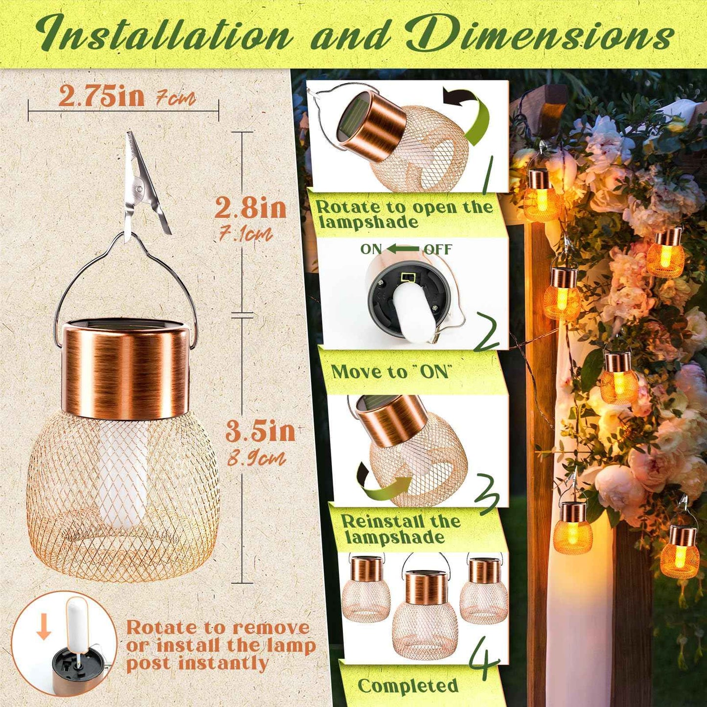 Anordsem Solar Hanging Lights Outdoor: 4 Metal Mesh Flame Lanterns with Clip - Waterproof LED Warm Lighting for Tree Yard Garden Xmas DIY Decor - Christmas Gifts for Homeowners Camper