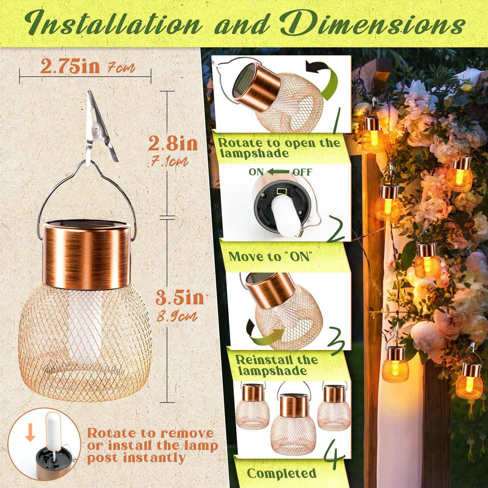 Anordsem Solar Hanging Lights Outdoor: 4 Metal Mesh Flame Lanterns with Clip - Waterproof LED Warm Lighting for Tree Yard Garden Xmas DIY Decor - Christmas Gifts for Homeowners Camper