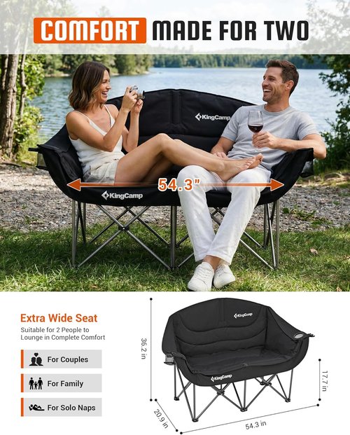 KingCamp Double Camping Chair - Oversized Heavy Duty 660lbs Loveseat for Adults | Portable Folding XL Couch with Cup Holder - Black