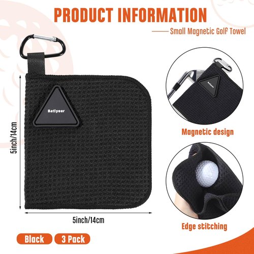 Batiyeer 3 Pack Small Magnetic Golf Towels Gift for Men 5.5 x 5.5 Inch Microfiber Waffle Material with Clip Pocket Golf Towel with Magnet for Carts Fall Camping Club Men Women (Black)