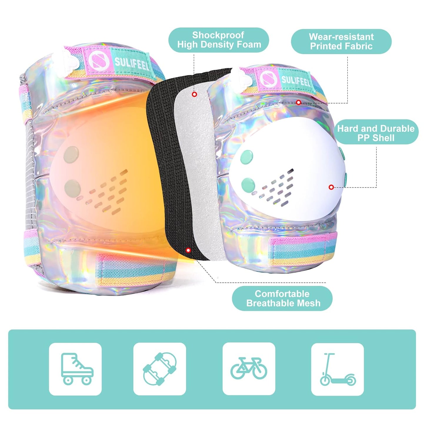SULIFEEL Rainbow Unicorn Protective Gear Set - Adjustable Knee, Elbow Pads & Wrist Guards for Kids | Includes Drawstring Bag